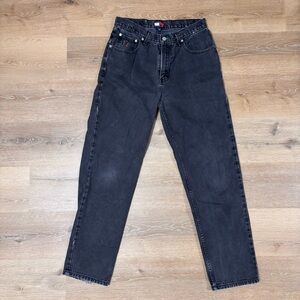Vintage 90s Tommy Hilfiger Black Jeans with Red, White, and Blue Logo